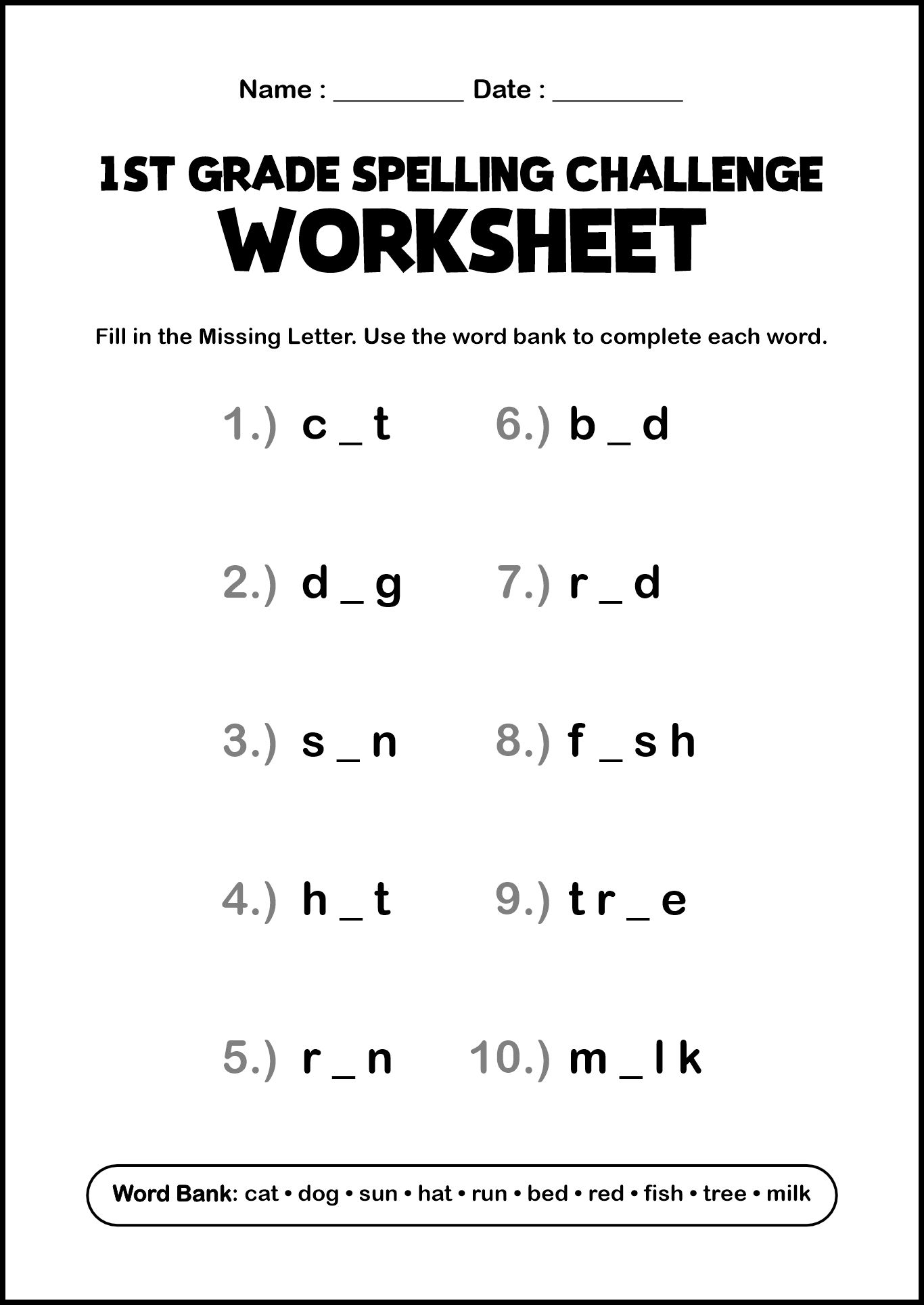 1st Grade Spelling Challenge Worksheets