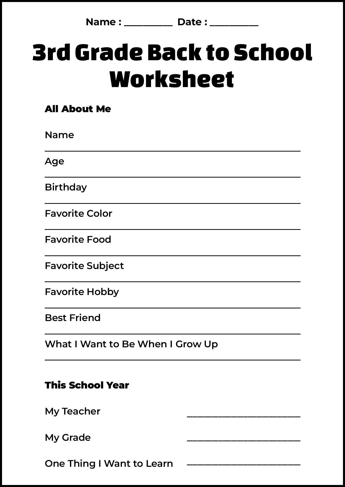 3rd Grade Back to School Worksheet