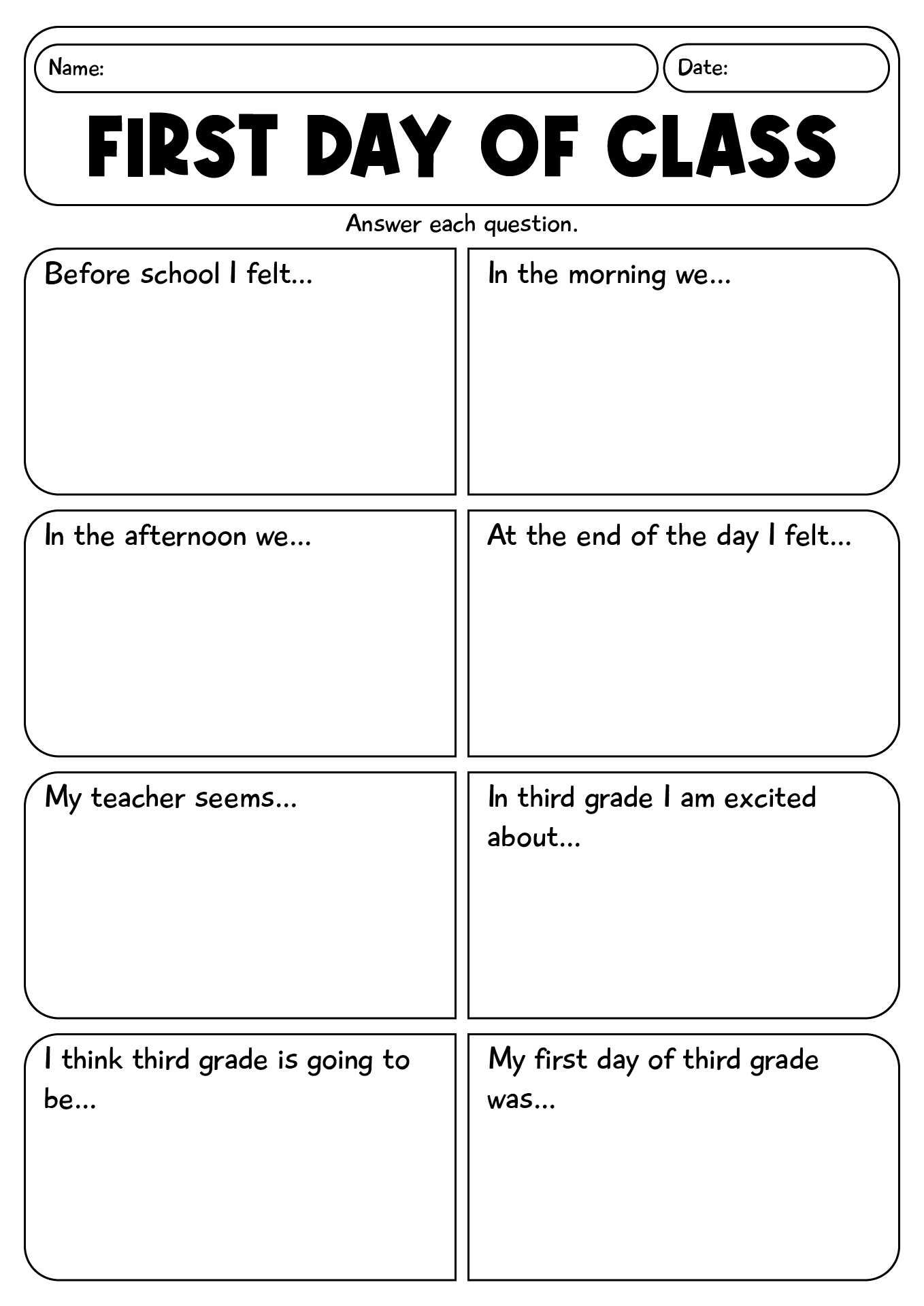 3rd Grade First Day Of Class Worksheet
