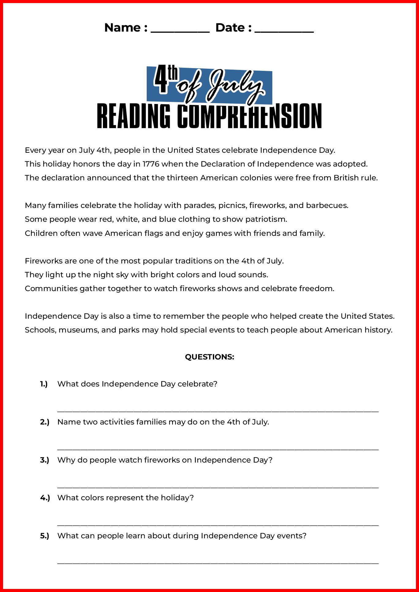 4th of July Reading Comprehension Worksheets