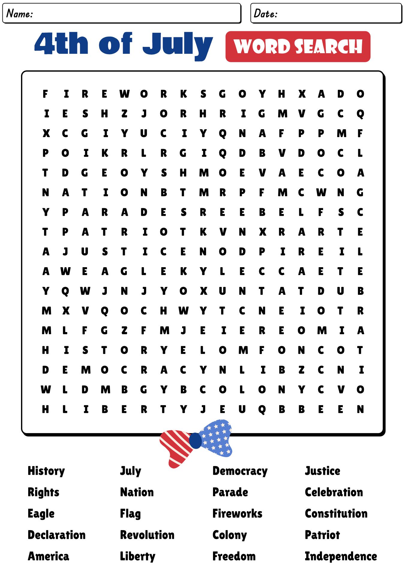 4th of July Word Search and Puzzles