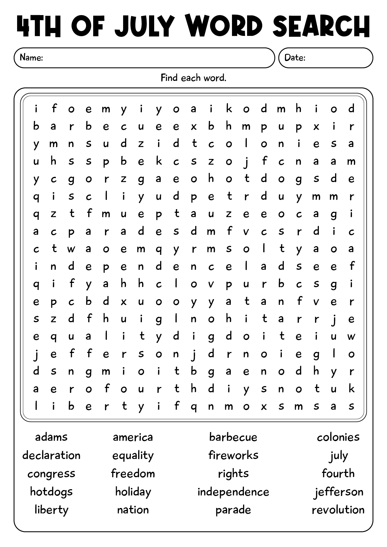 4th Of July Word Search Worksheet