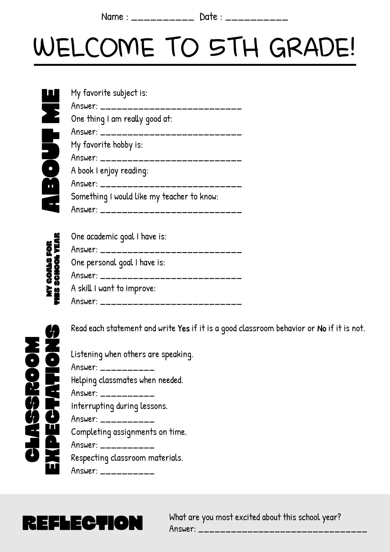 5th Grade Beginning of Year Classroom Worksheets