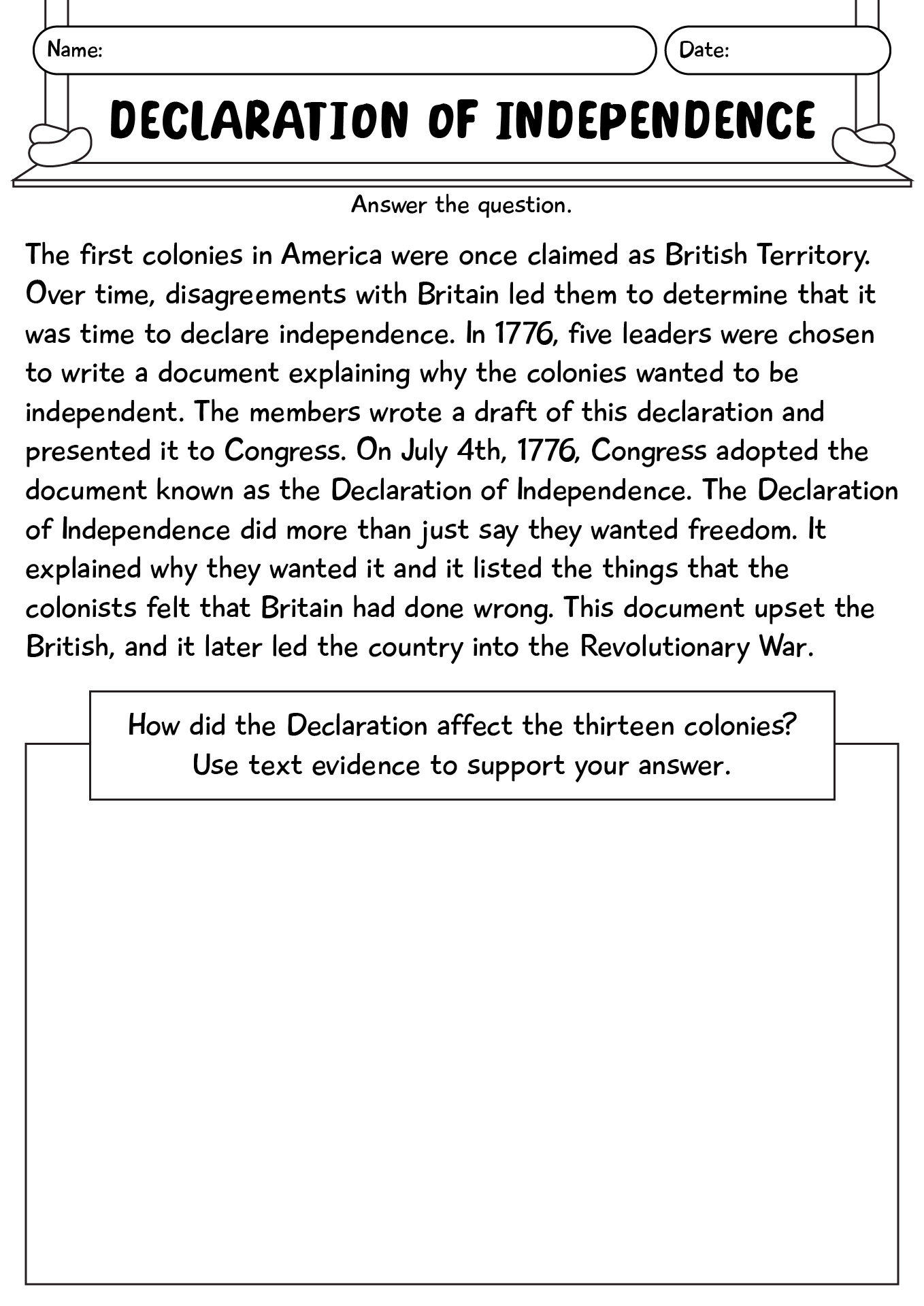 5th Grade Declaration Of Independence Reading Worksheet