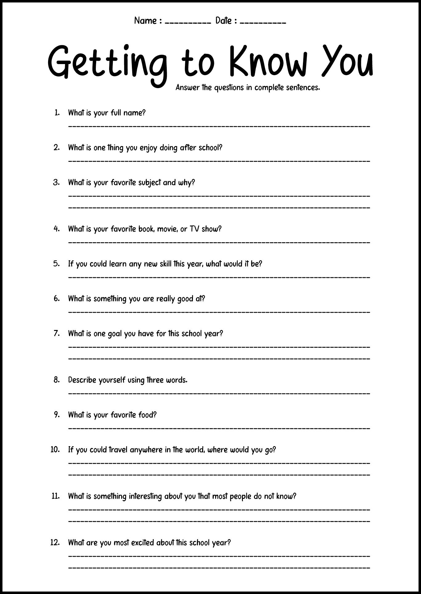 5th Grade First Day Getting to Know You Worksheets