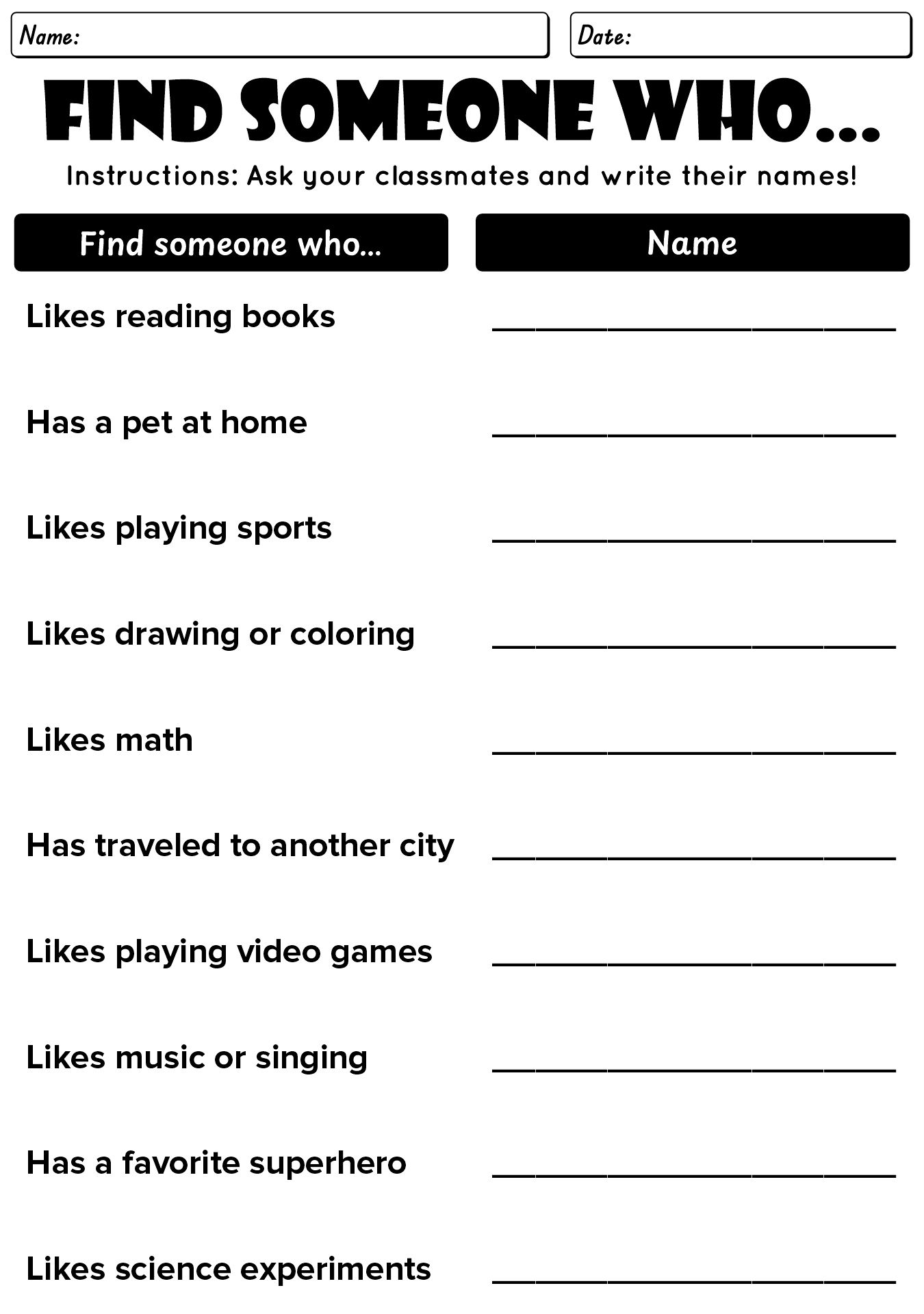 5th Grade First Day of School Icebreakers Worksheets