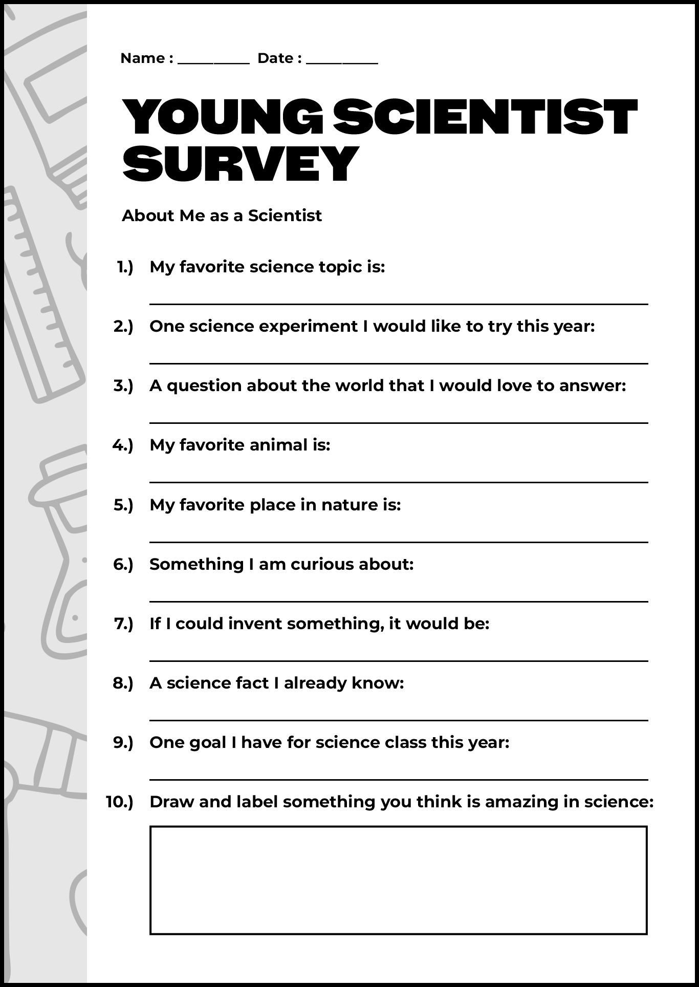 5th Grade First Day Science Activity Worksheets