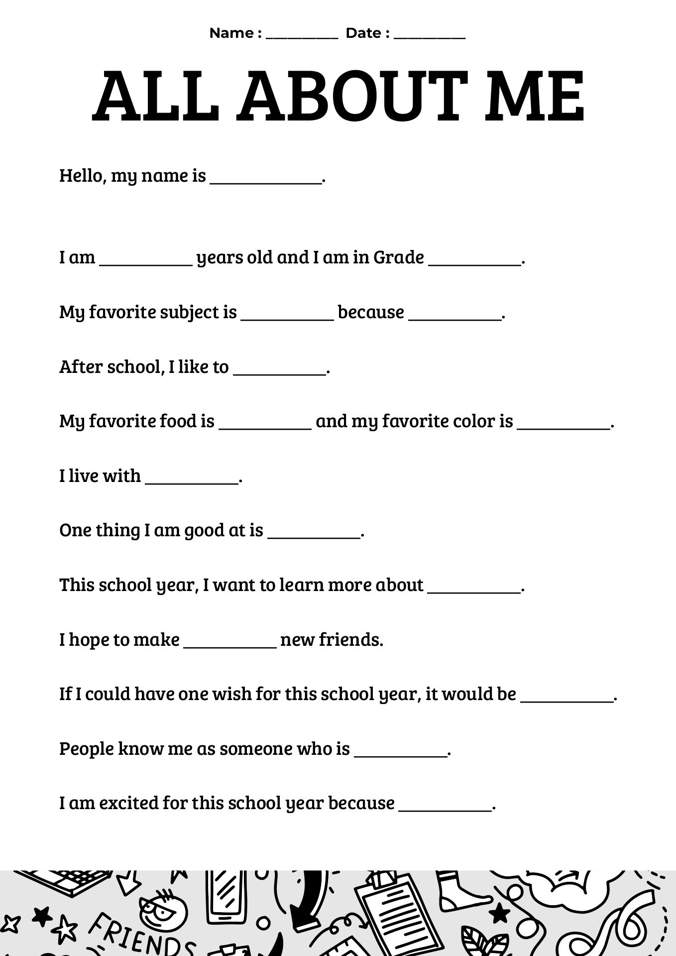 About Me Student Worksheet for School Start