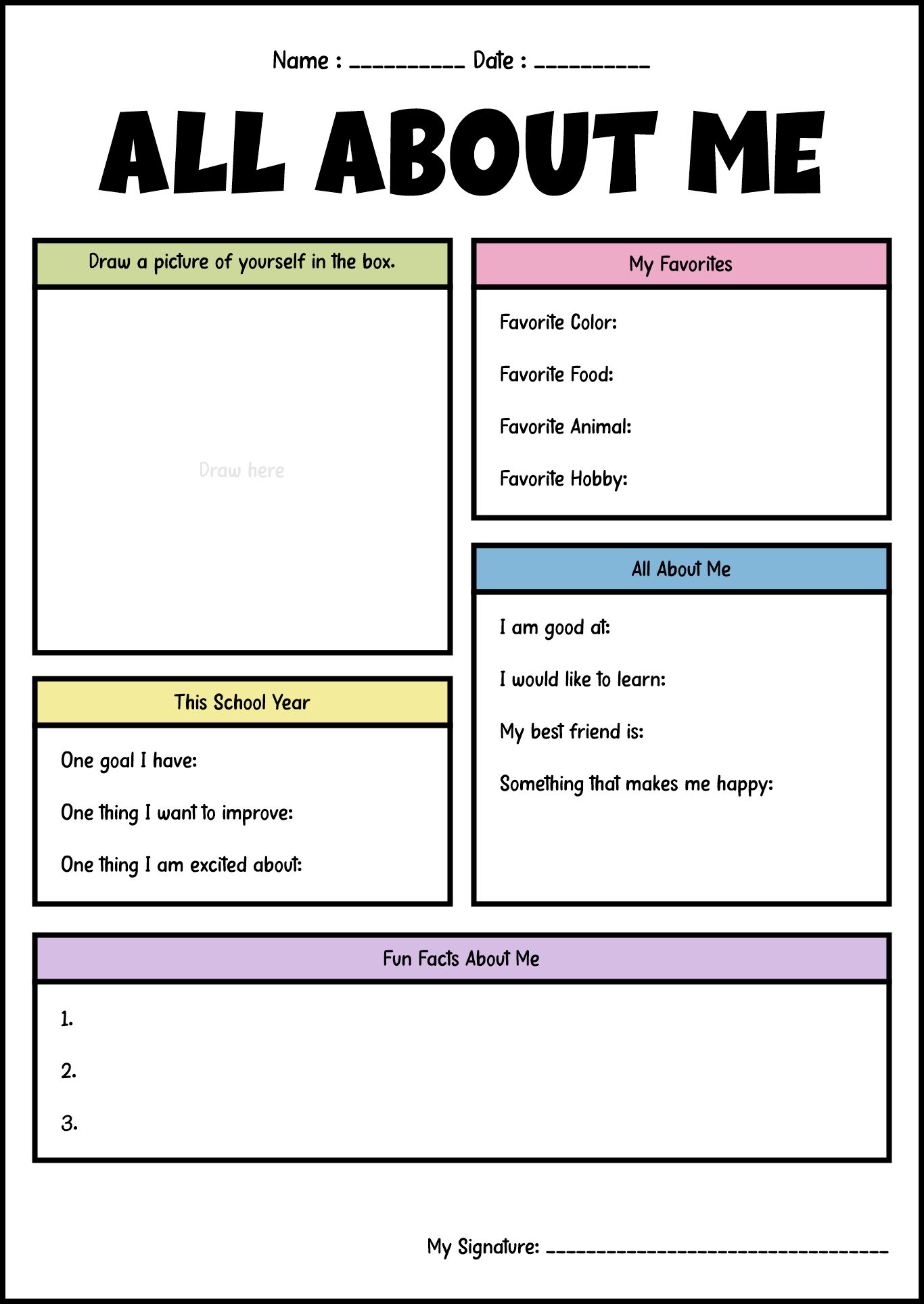 All About Me Back to School Activity Sheet