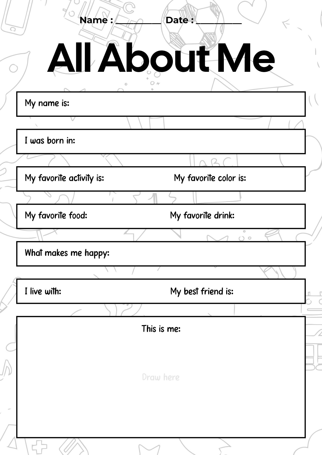 All About Me Beginning of School Year Worksheet