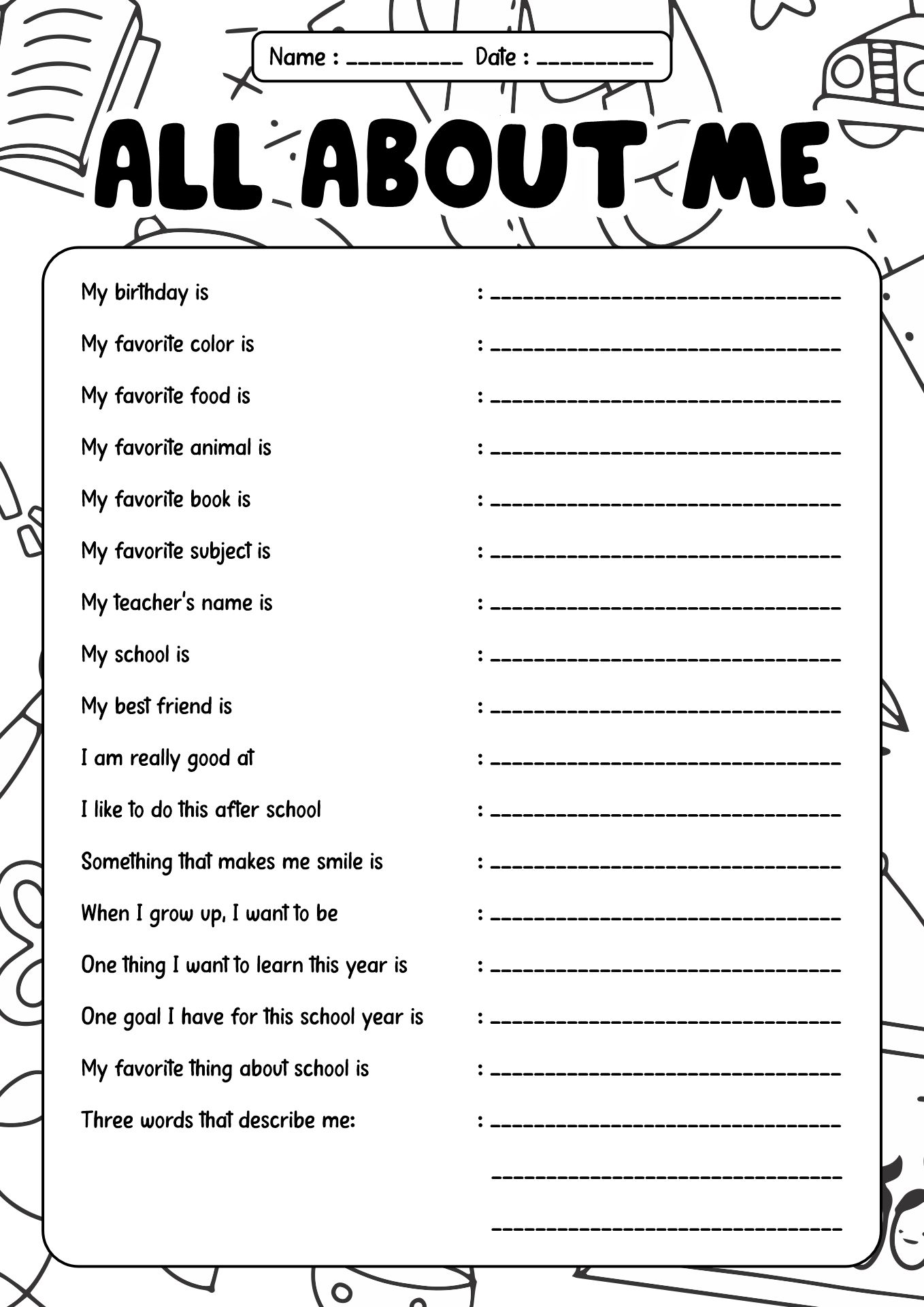 All About Me School Day Worksheet for Student