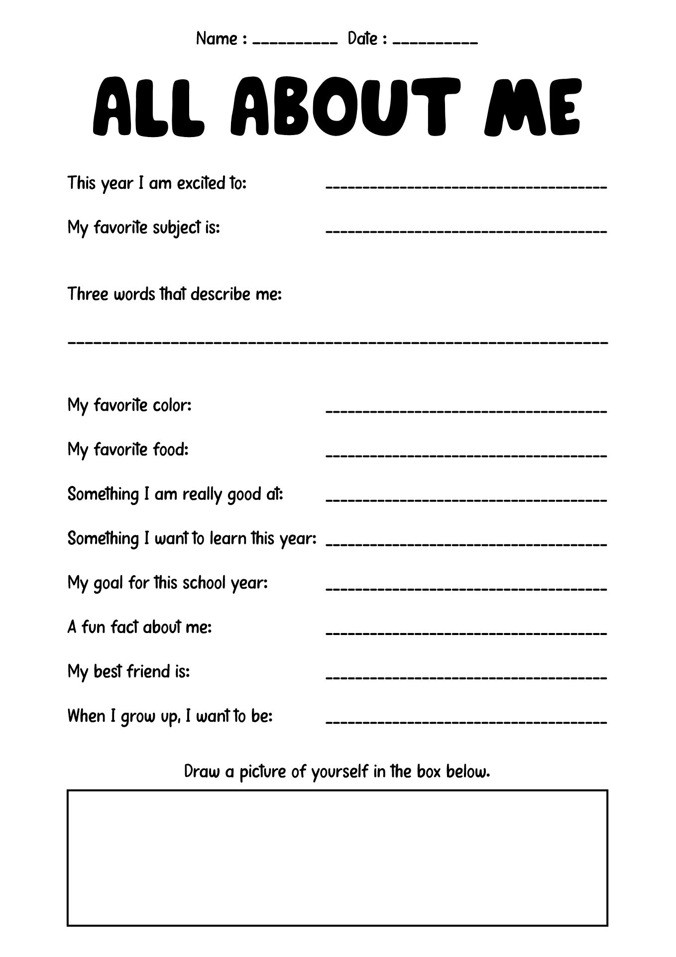 All About Me Student Worksheet for New School Year