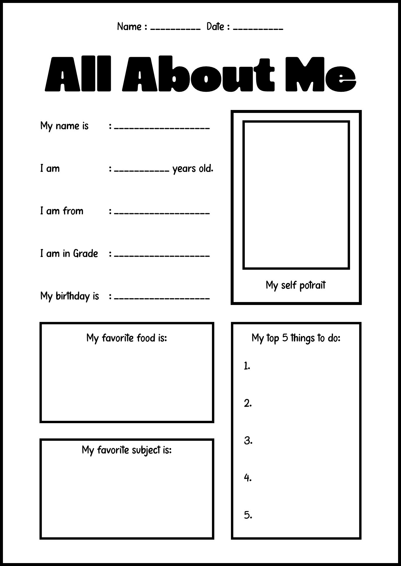 All About Me Worksheet for First Day of School