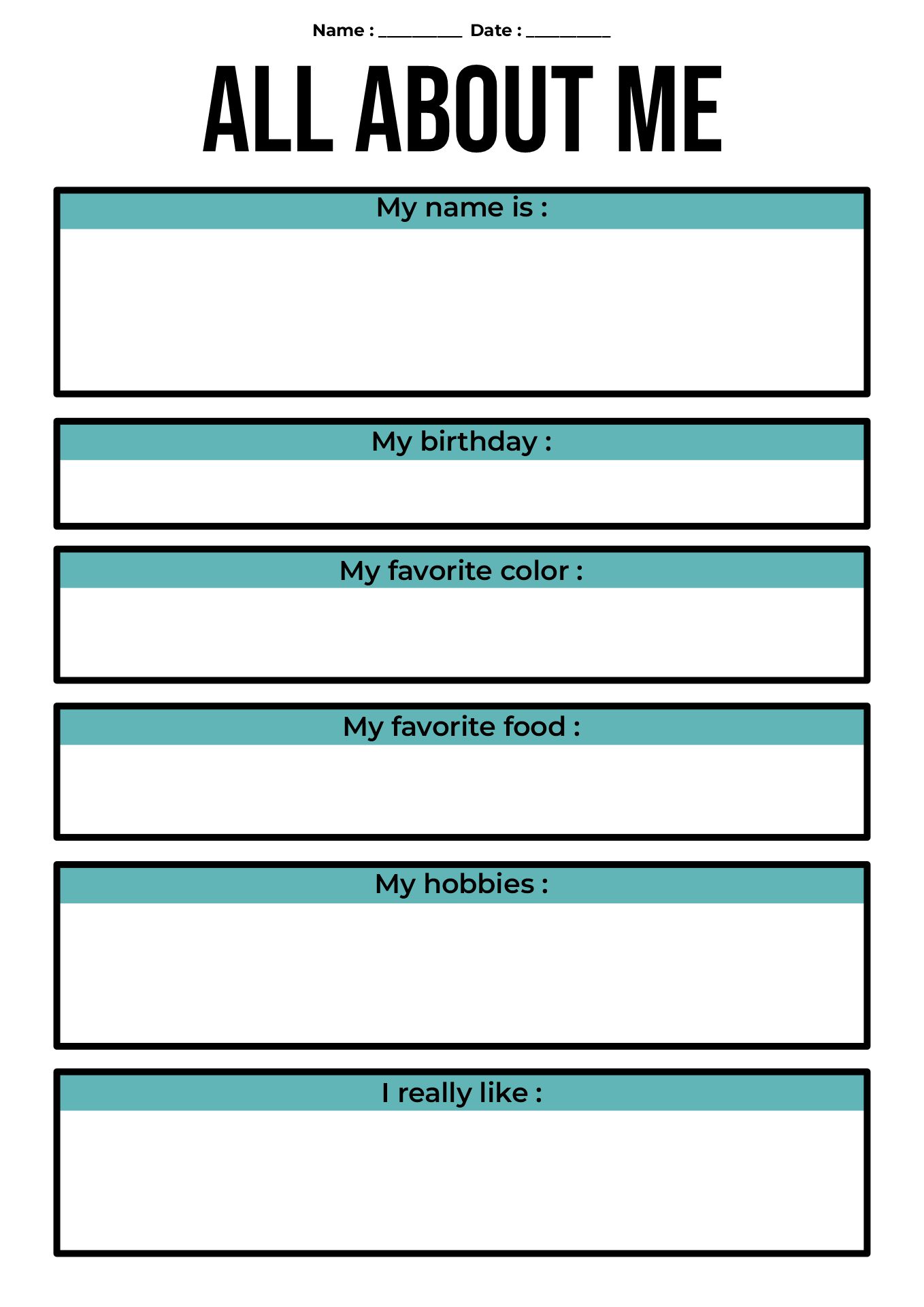 All About Me Worksheet for First Day of School