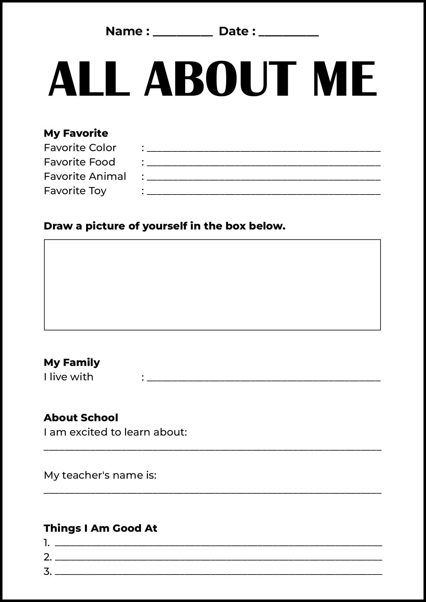All About Me Worksheet for School Starters
