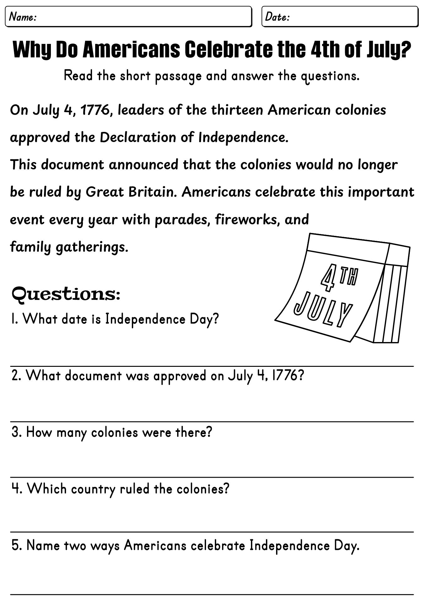 American History 4th of July Worksheets
