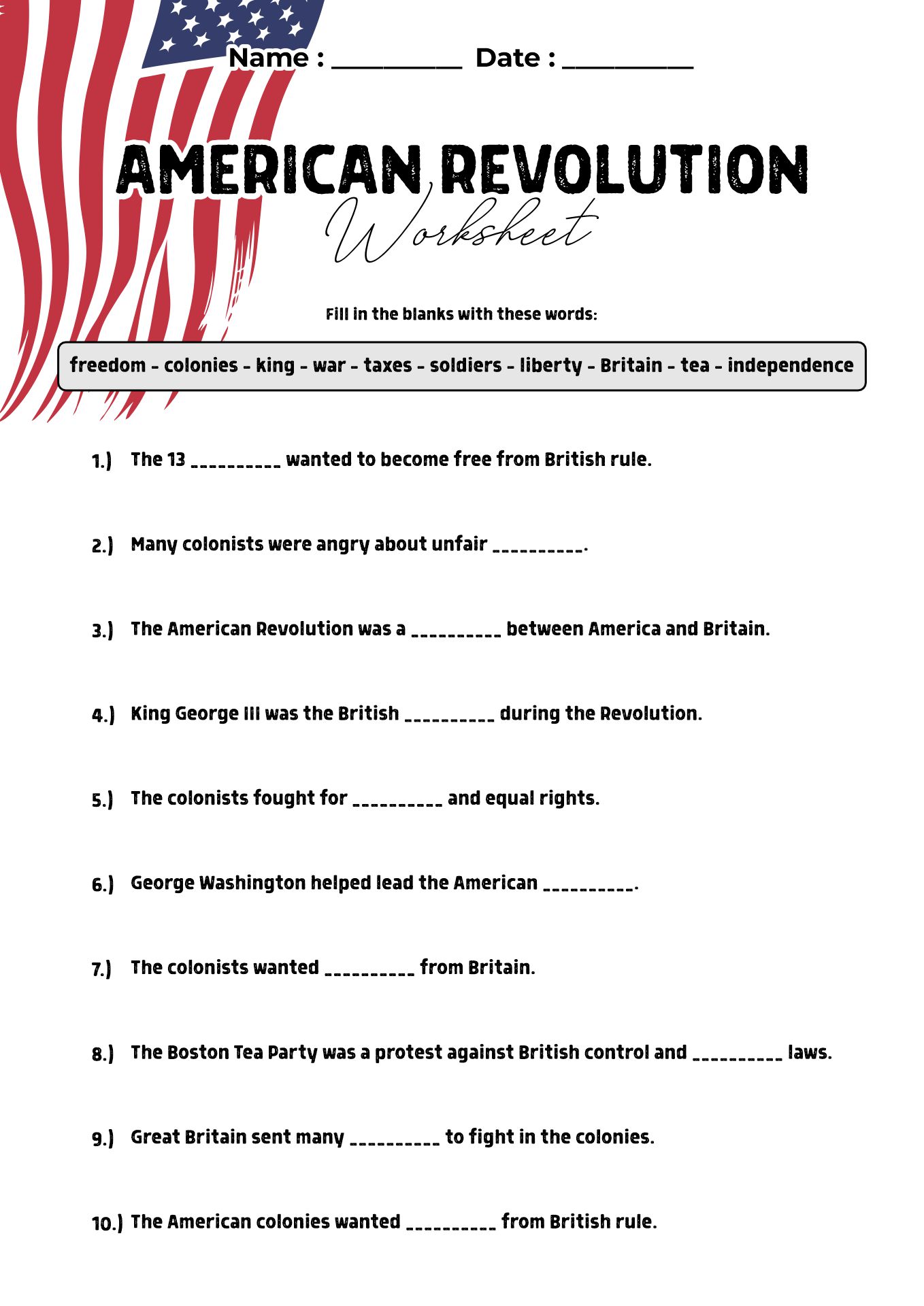American Revolution Activity Sheet