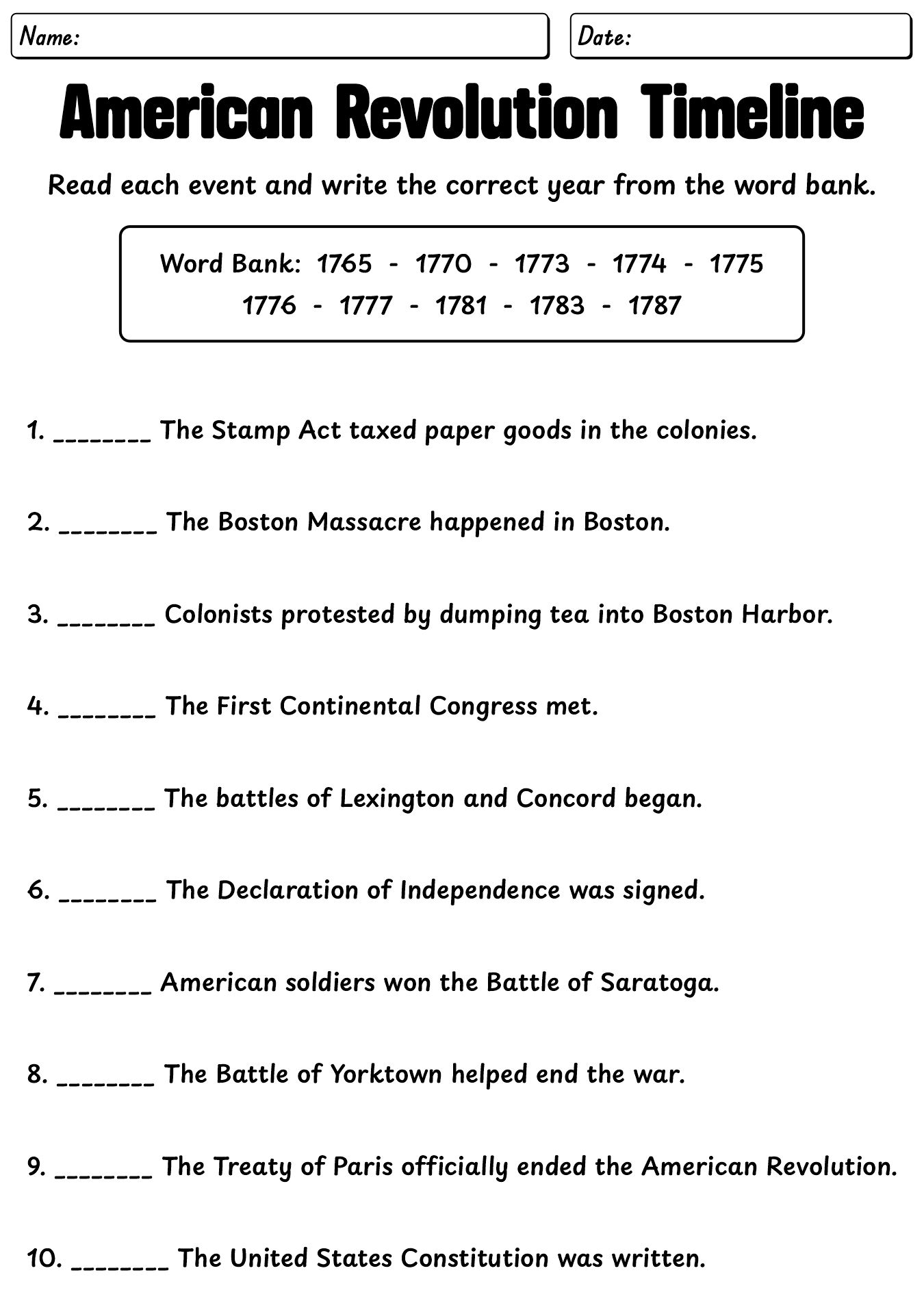 American Revolution Timeline Worksheet