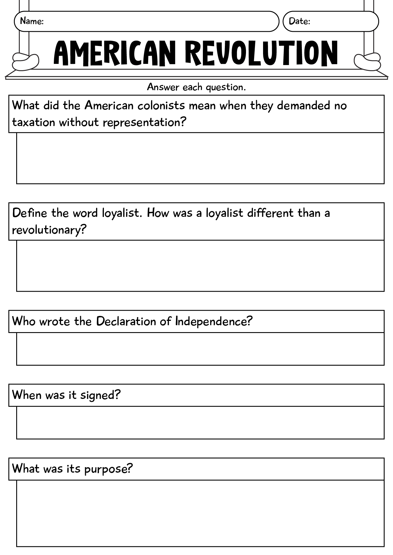 American Revolution Worksheets For Students