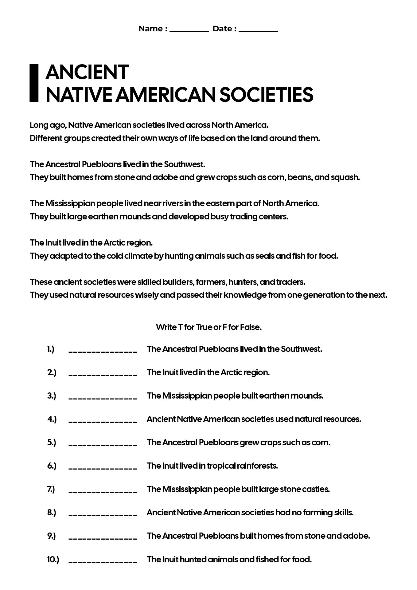 Ancient Native American Societies Worksheets