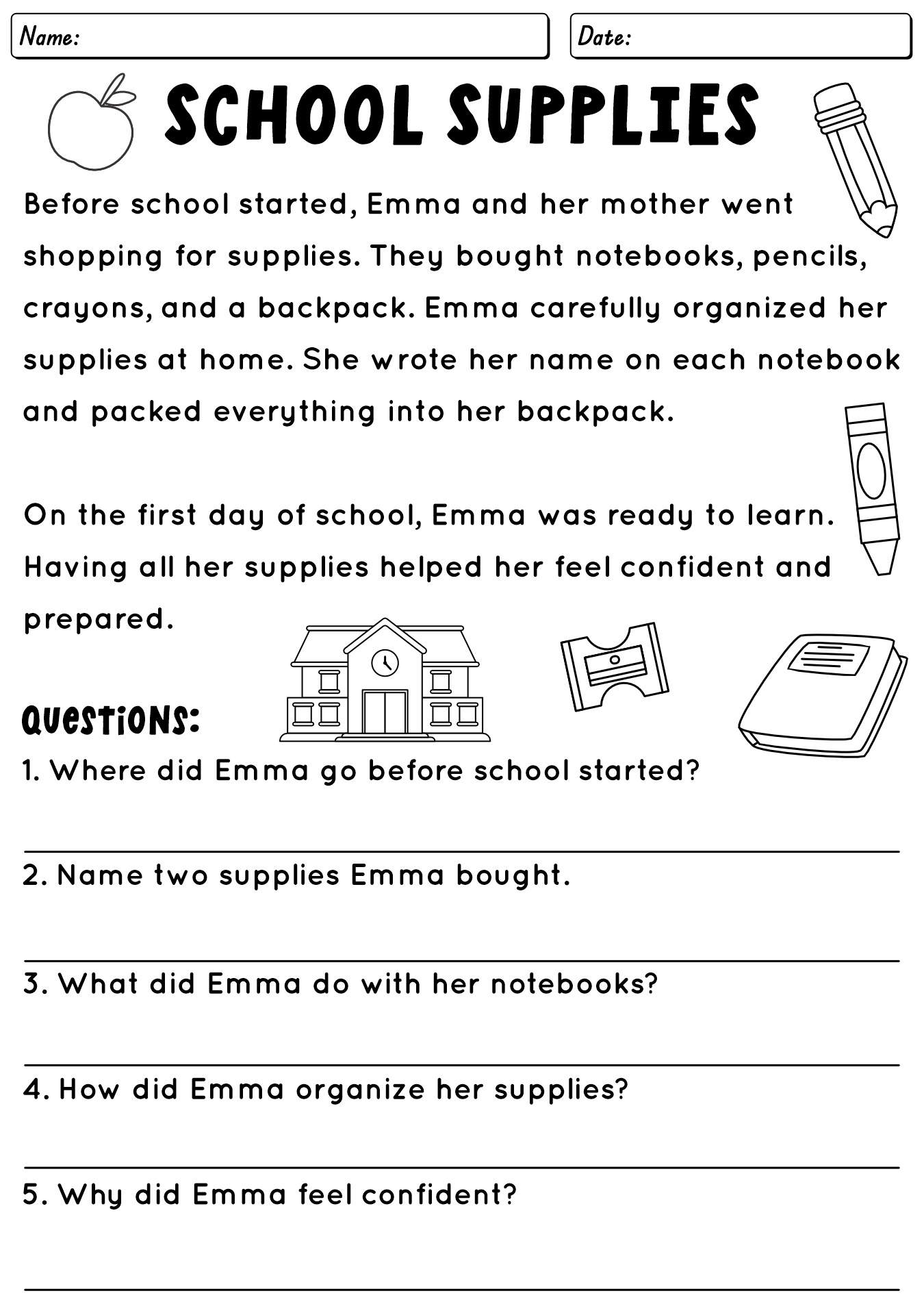 Back To School Differentiated Reading Worksheet