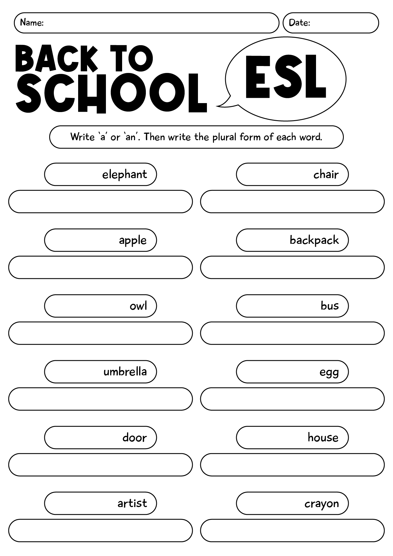 Back To School ESL Worksheet