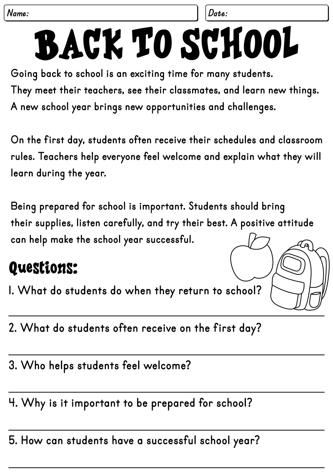 Back To School Reading Passages Worksheet