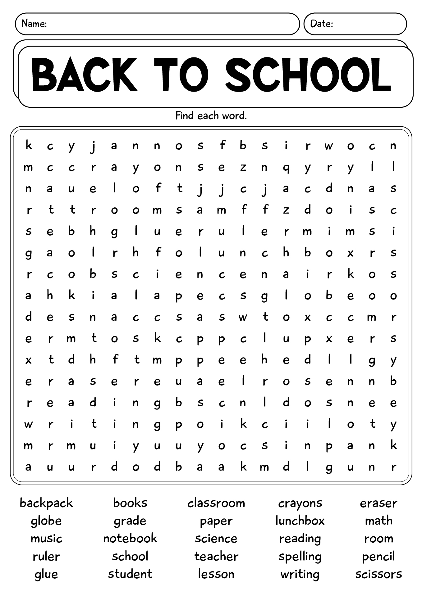 Back To School Word Search Worksheet