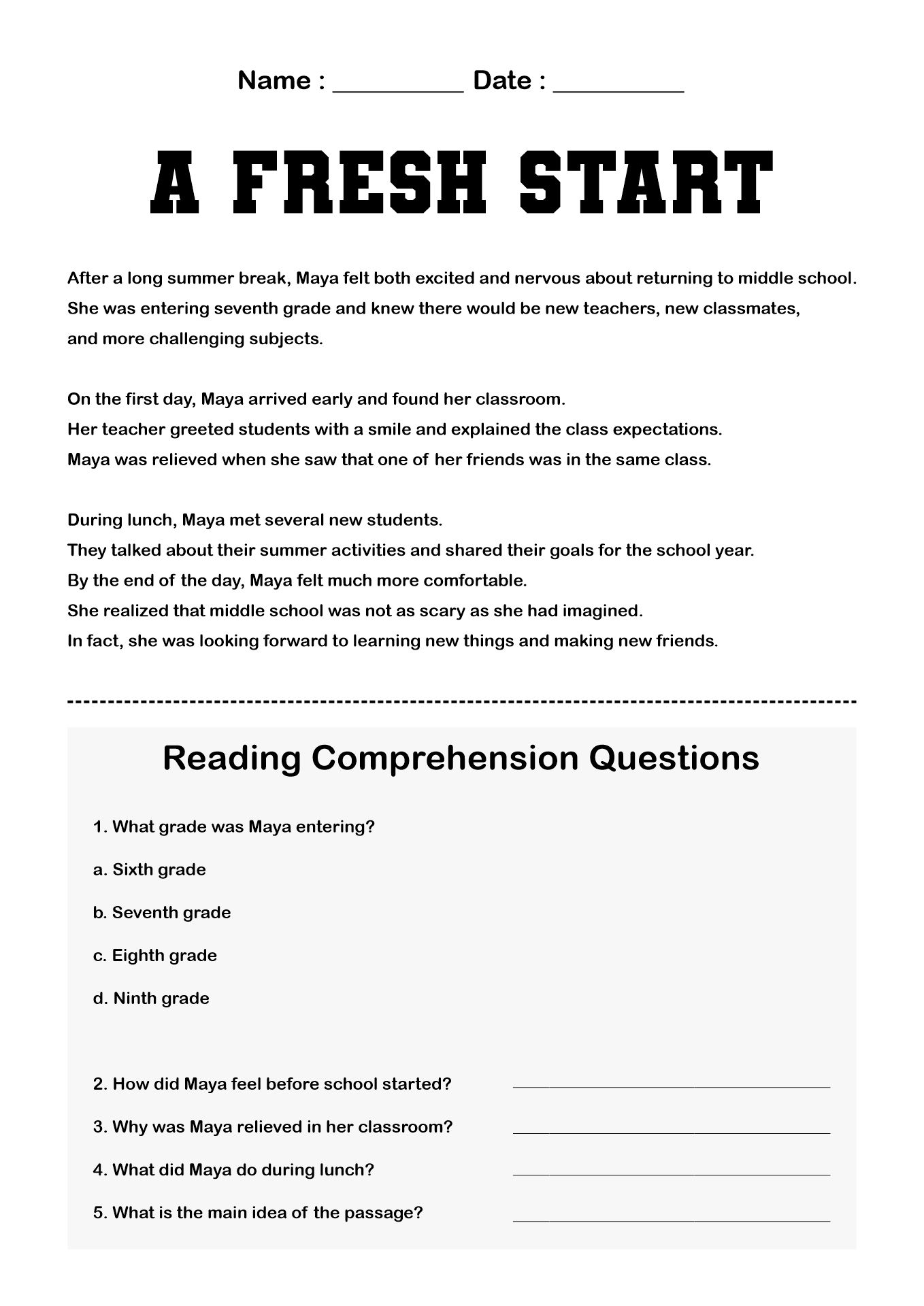 Back to Middle School Reading Skills Worksheets
