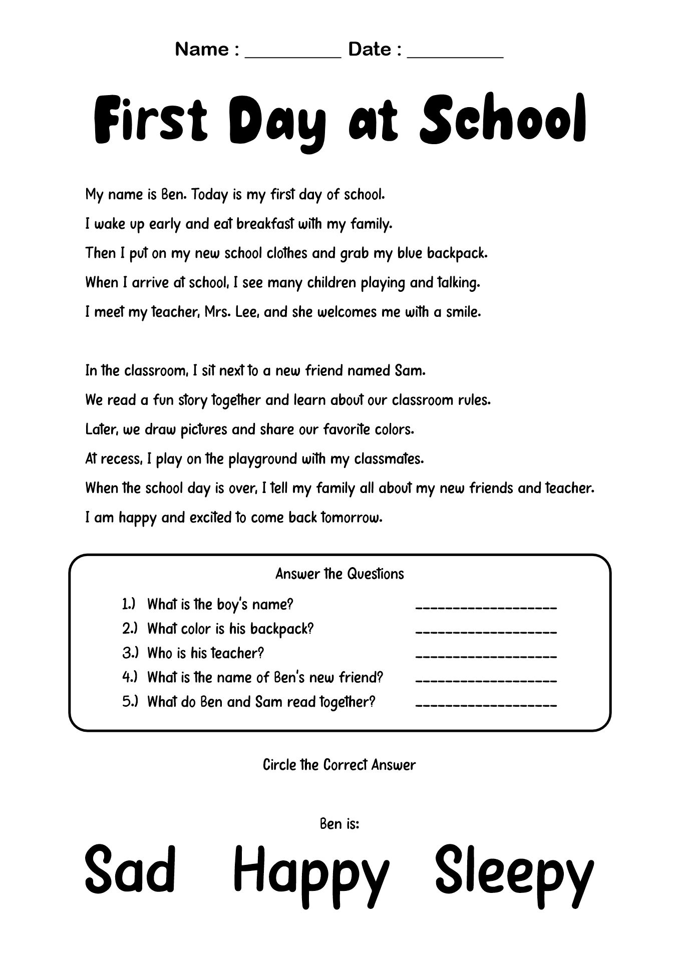 Back to School 1st Grade Reading Worksheets