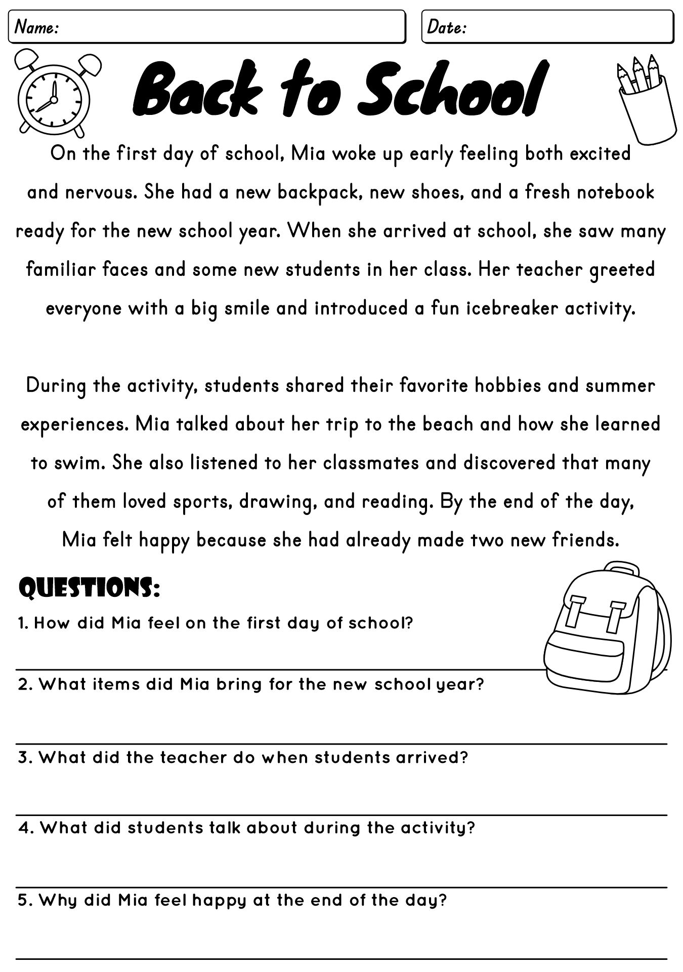 Back to School 5th Grade Reading Comprehension Sheets