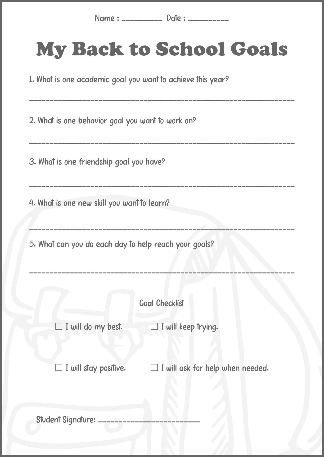 Back to School Goals Setting Worksheets
