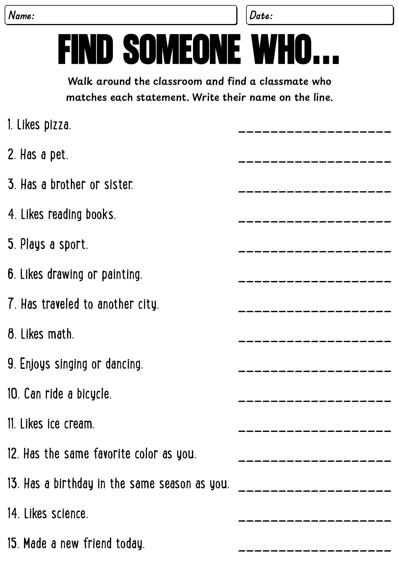 Back to School Icebreaker Worksheet for Students