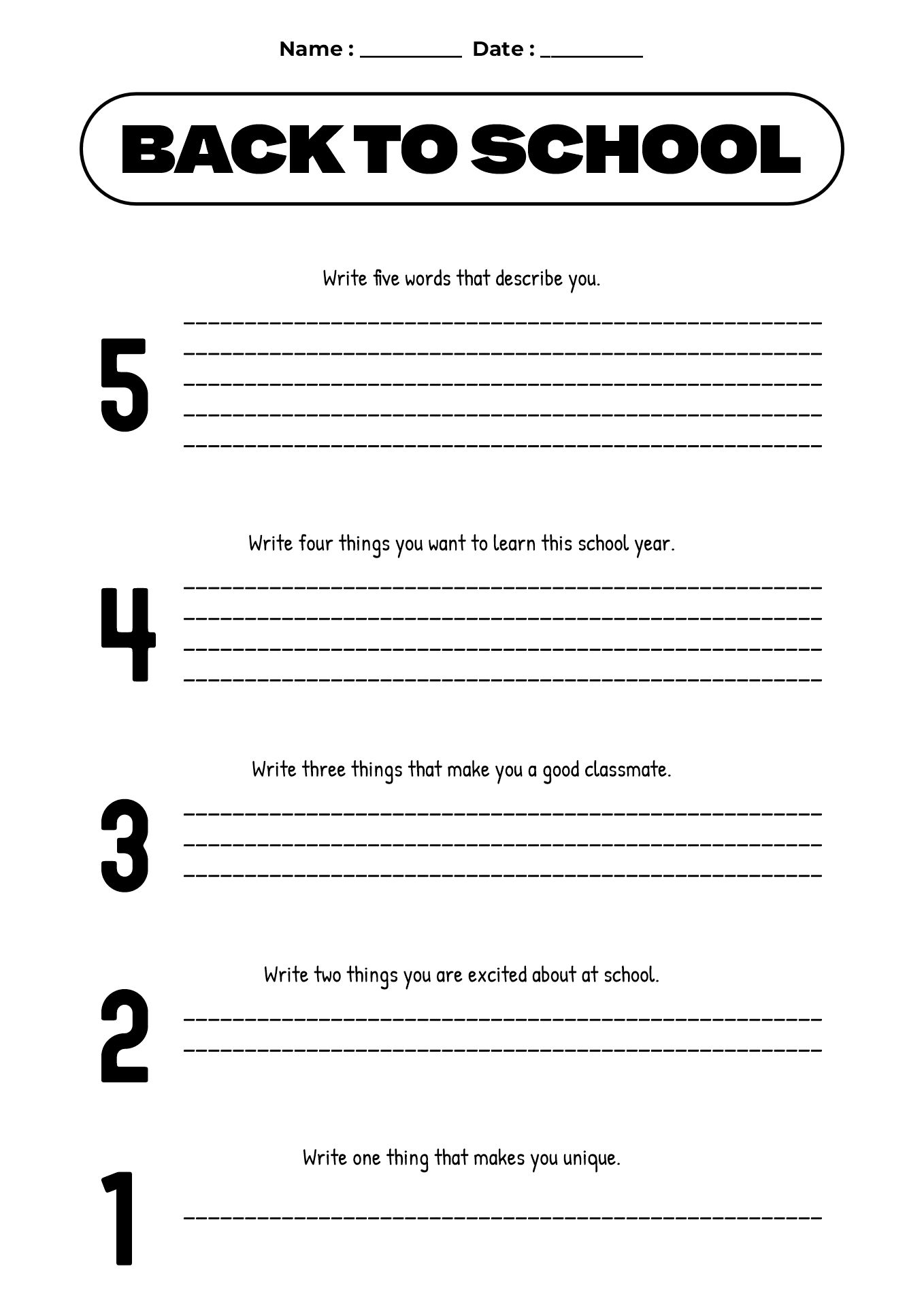 Back to School Introduction Worksheet