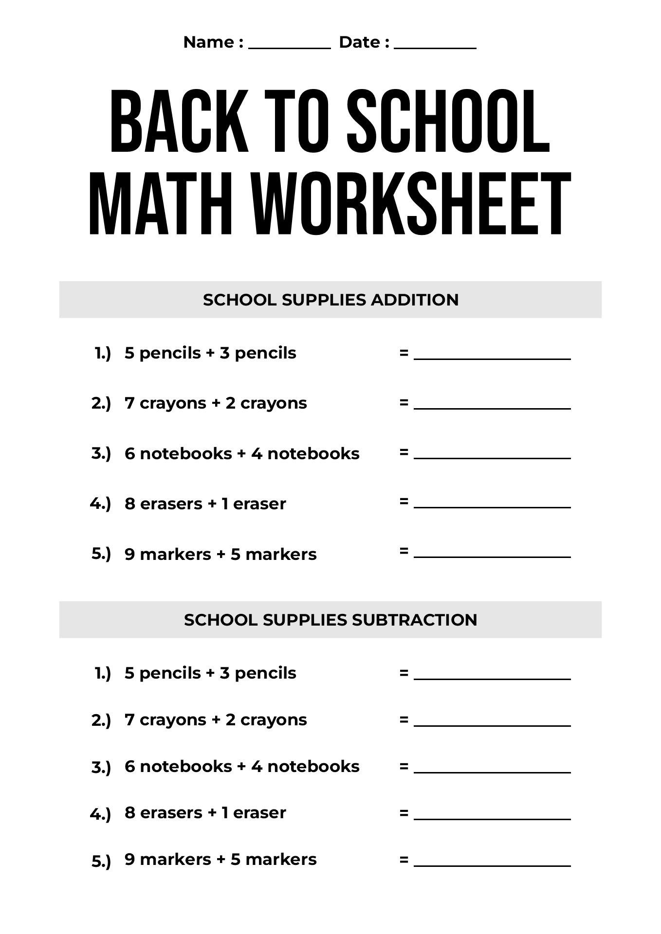 Back to School Math Worksheets for Elementary Students