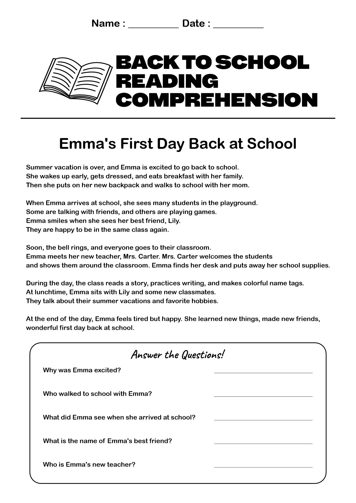 Back to School Reading Worksheets for 1st Grade