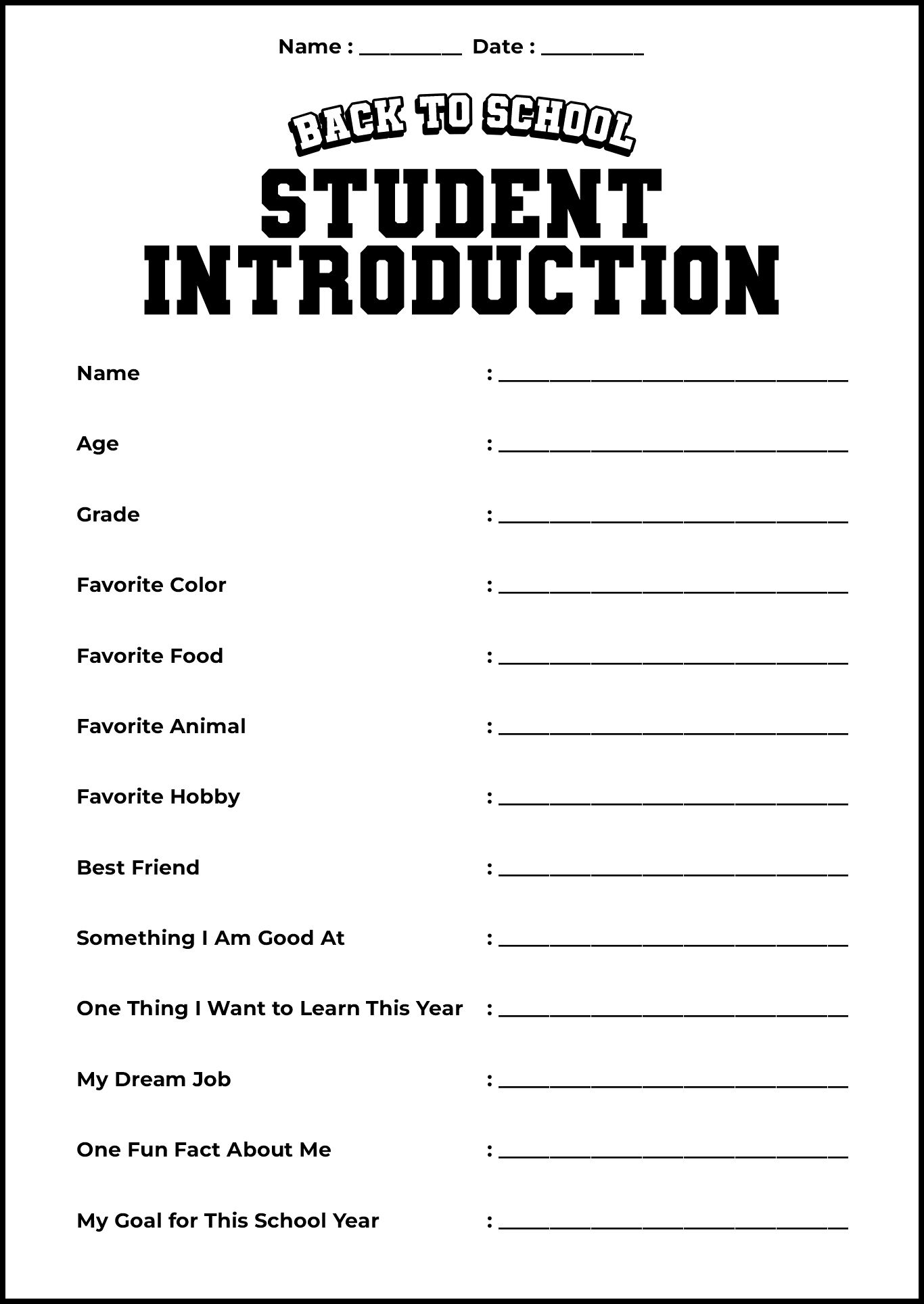 Back to School Student Introduction Worksheet