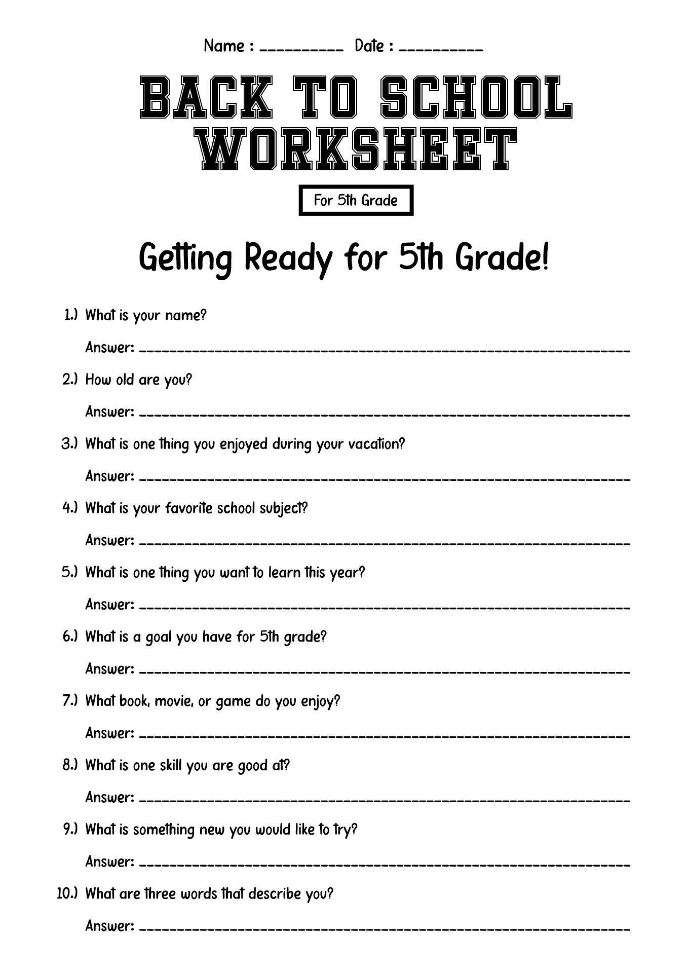 Back to School Worksheets for 5th Grade Students