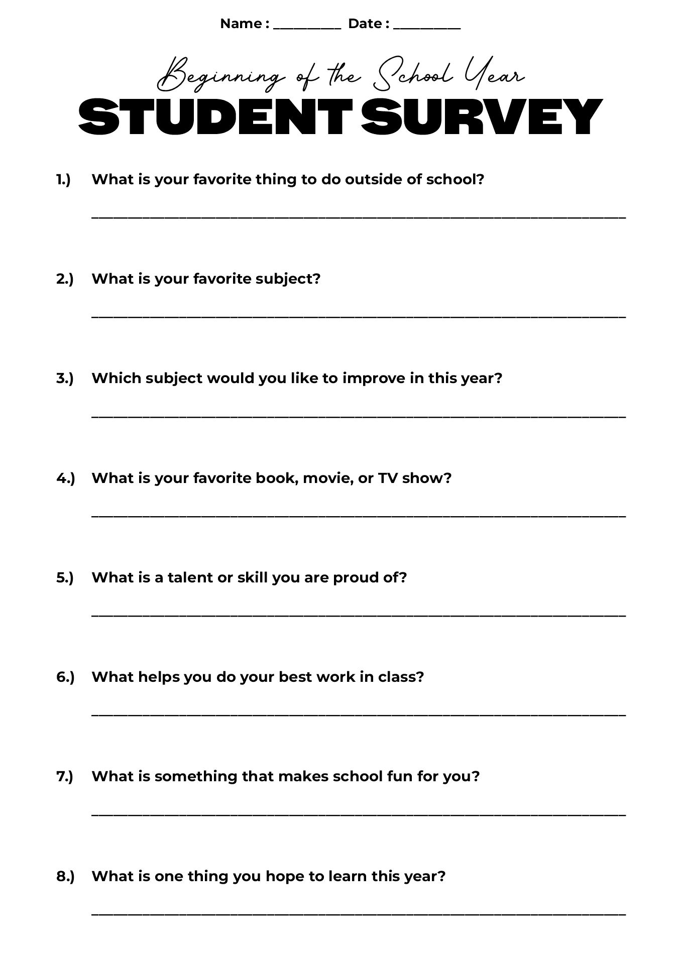 Beginning of School Year Student Survey