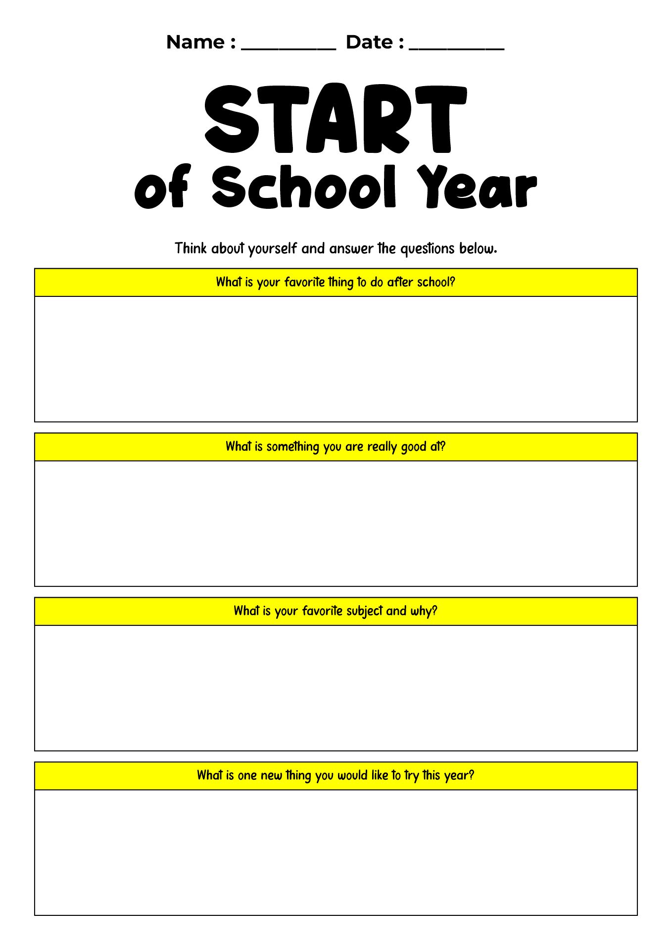 Beginning of School Year Student Worksheets