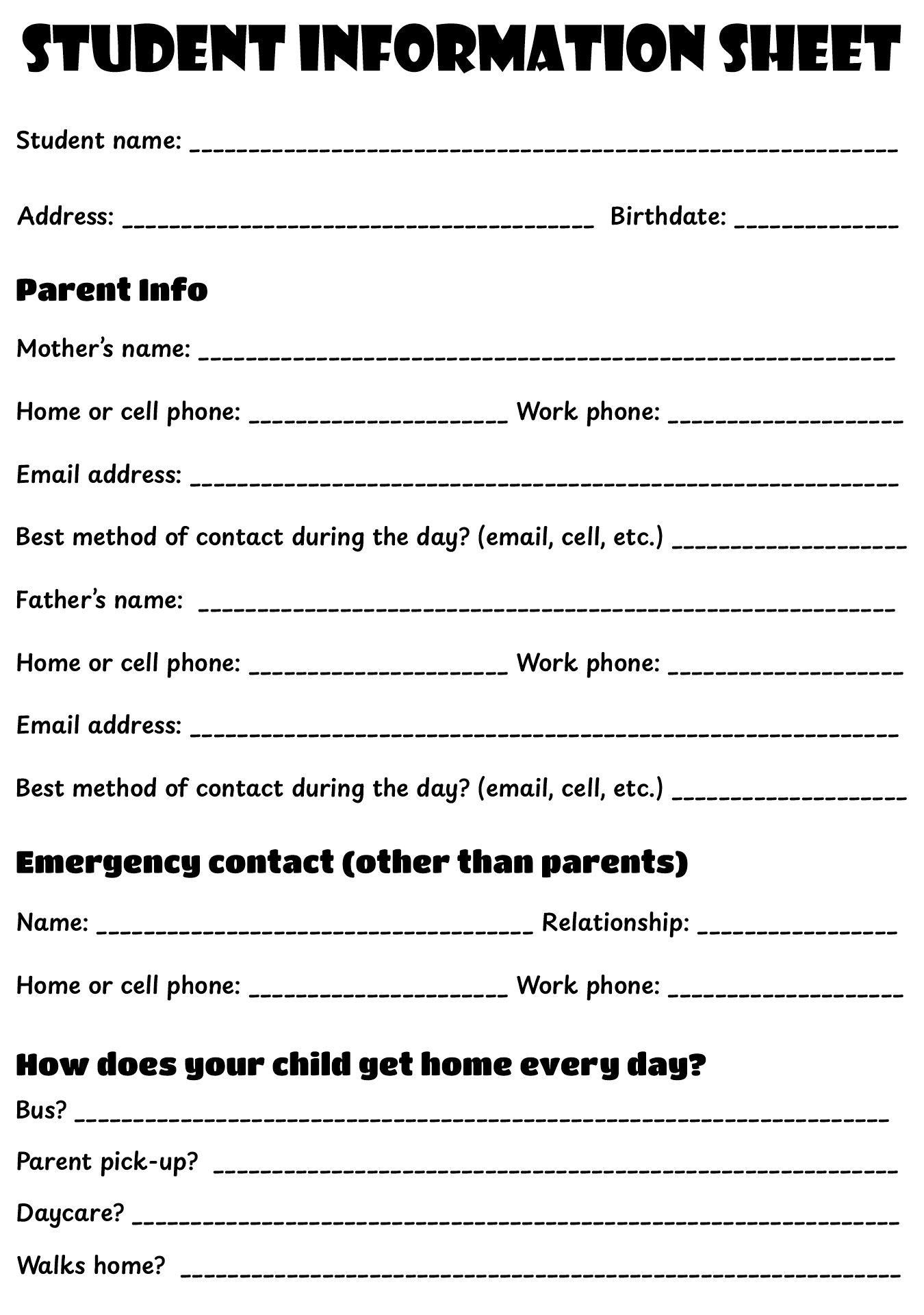 Beginning of Year Student Information Sheet