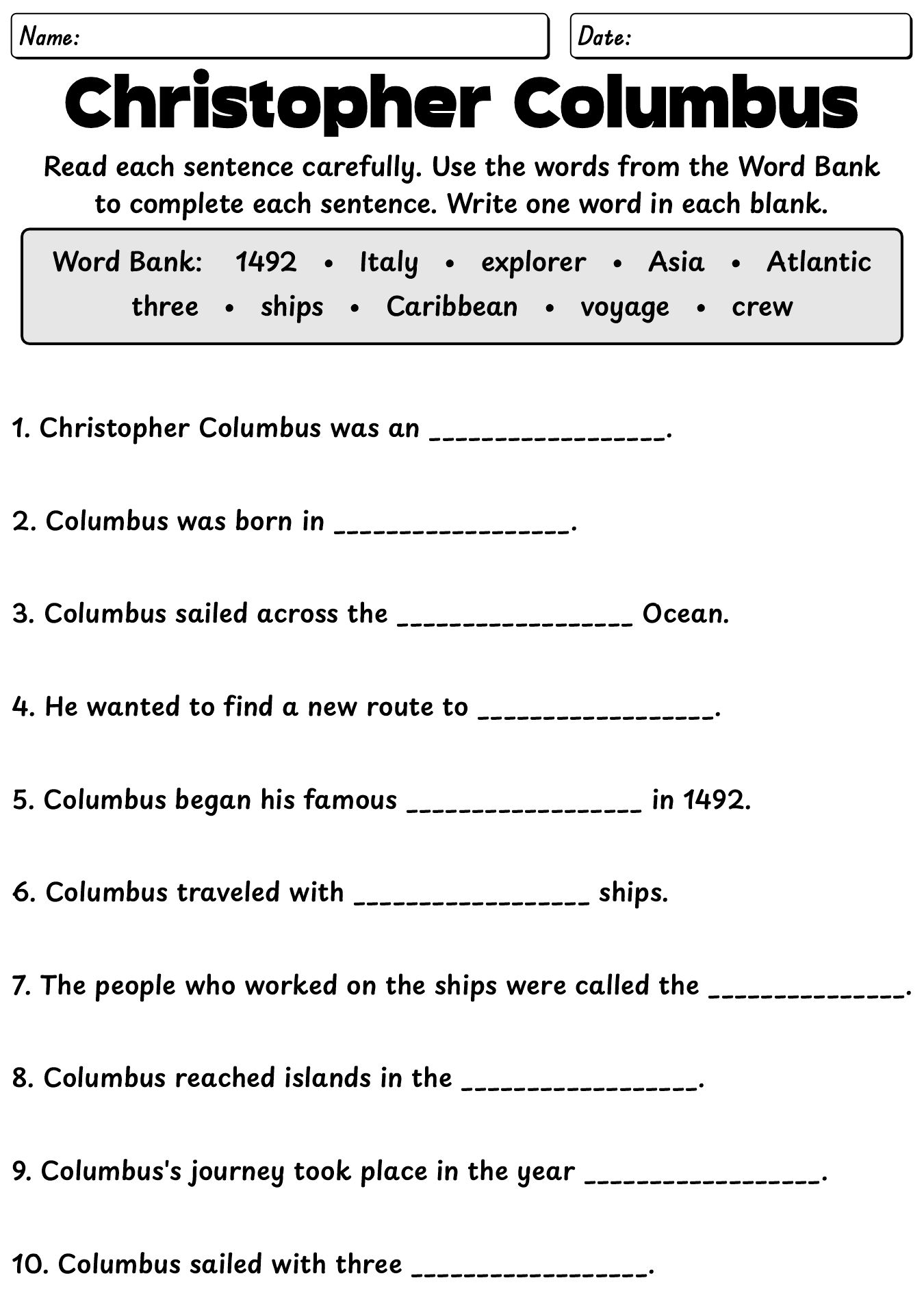 Christopher Columbus Activities for 2nd Grade