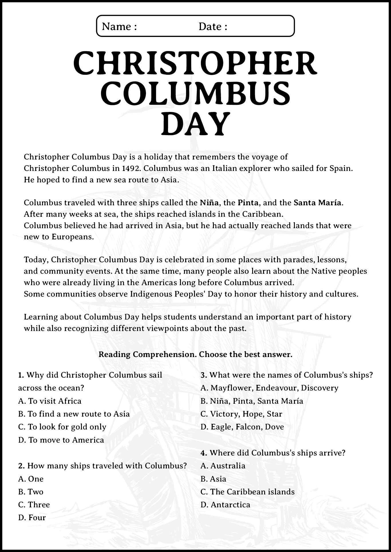 Christopher Columbus Day Reading Comprehension Worksheet