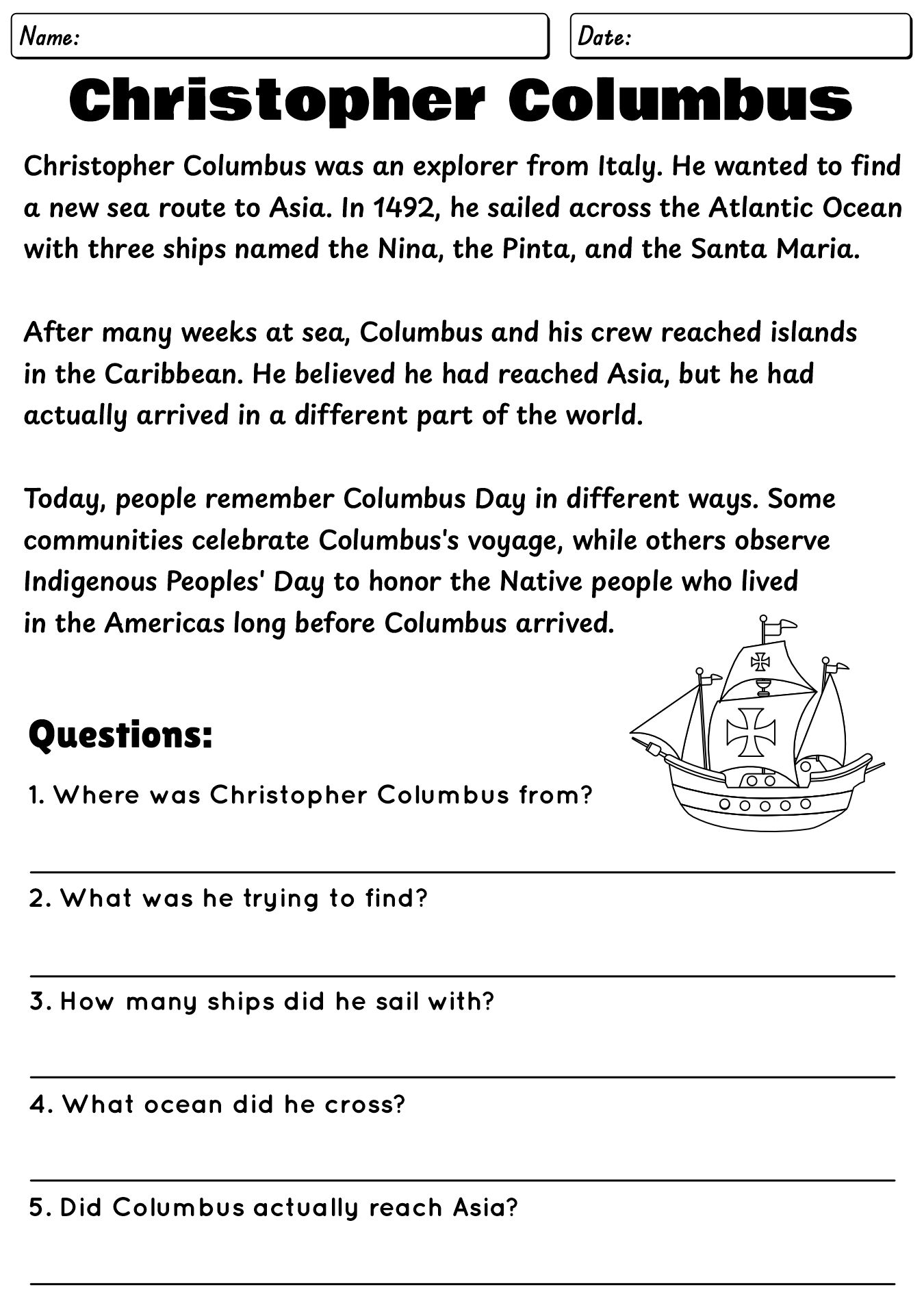 Christopher Columbus History Worksheets Grade 2