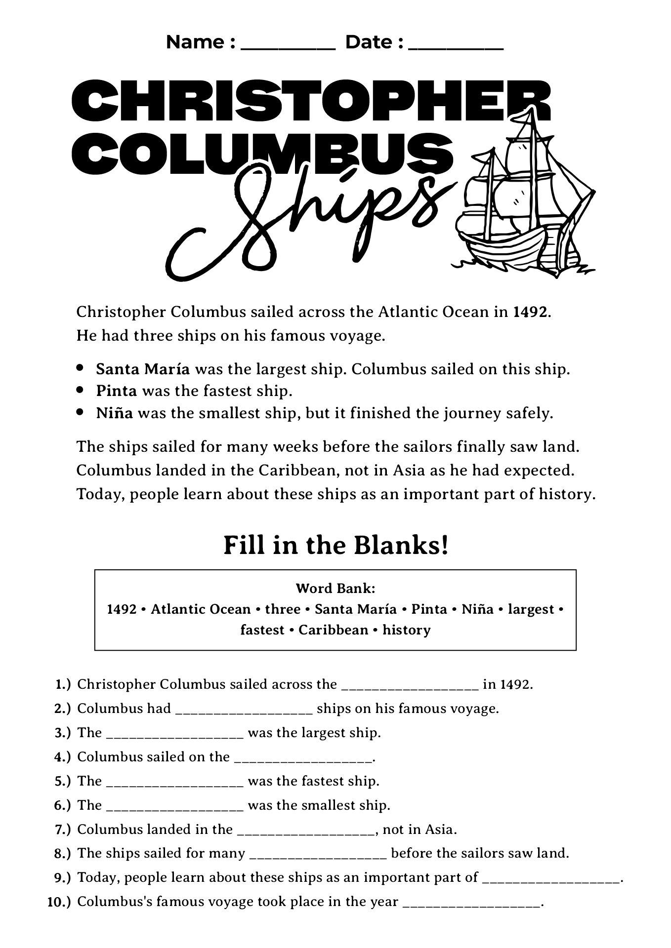 Christopher Columbus Ships Worksheets