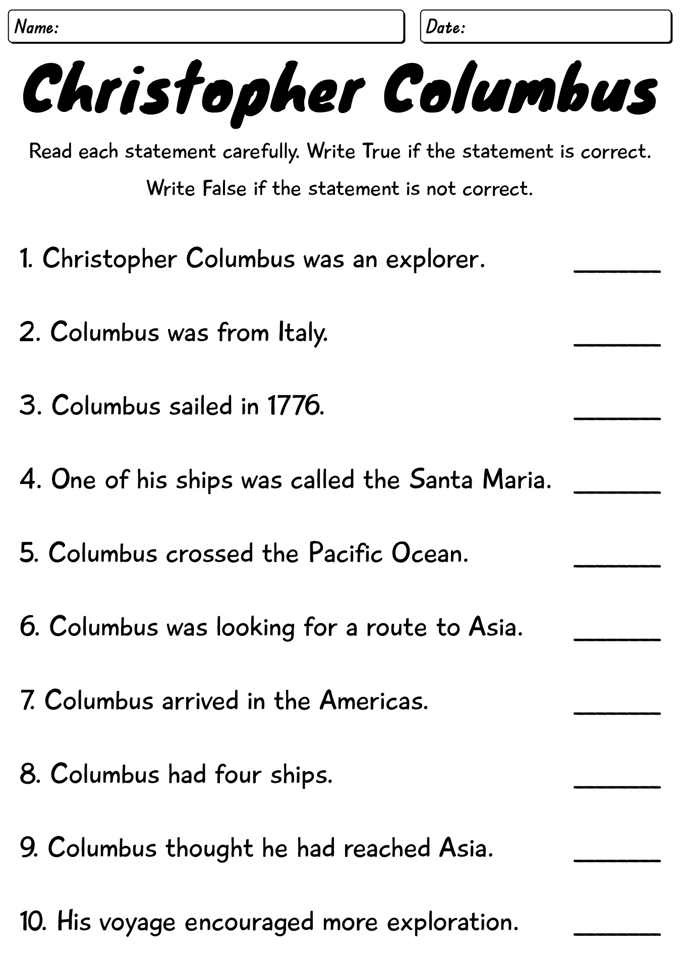 Christopher Columbus Social Studies Worksheet