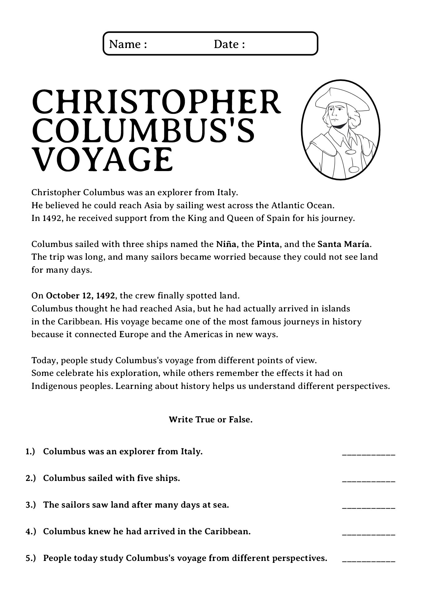 Christopher Columbus Voyage Reading Task