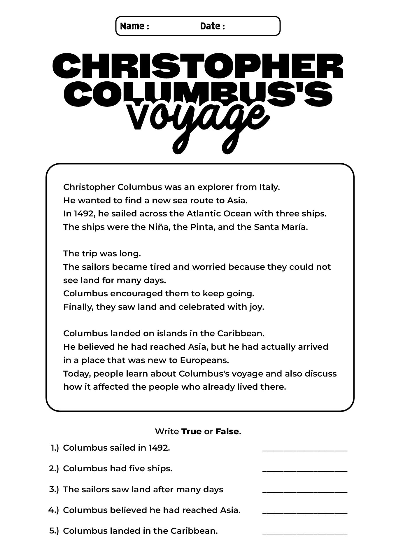 Christopher Columbus Voyage Worksheets for 2nd Grade