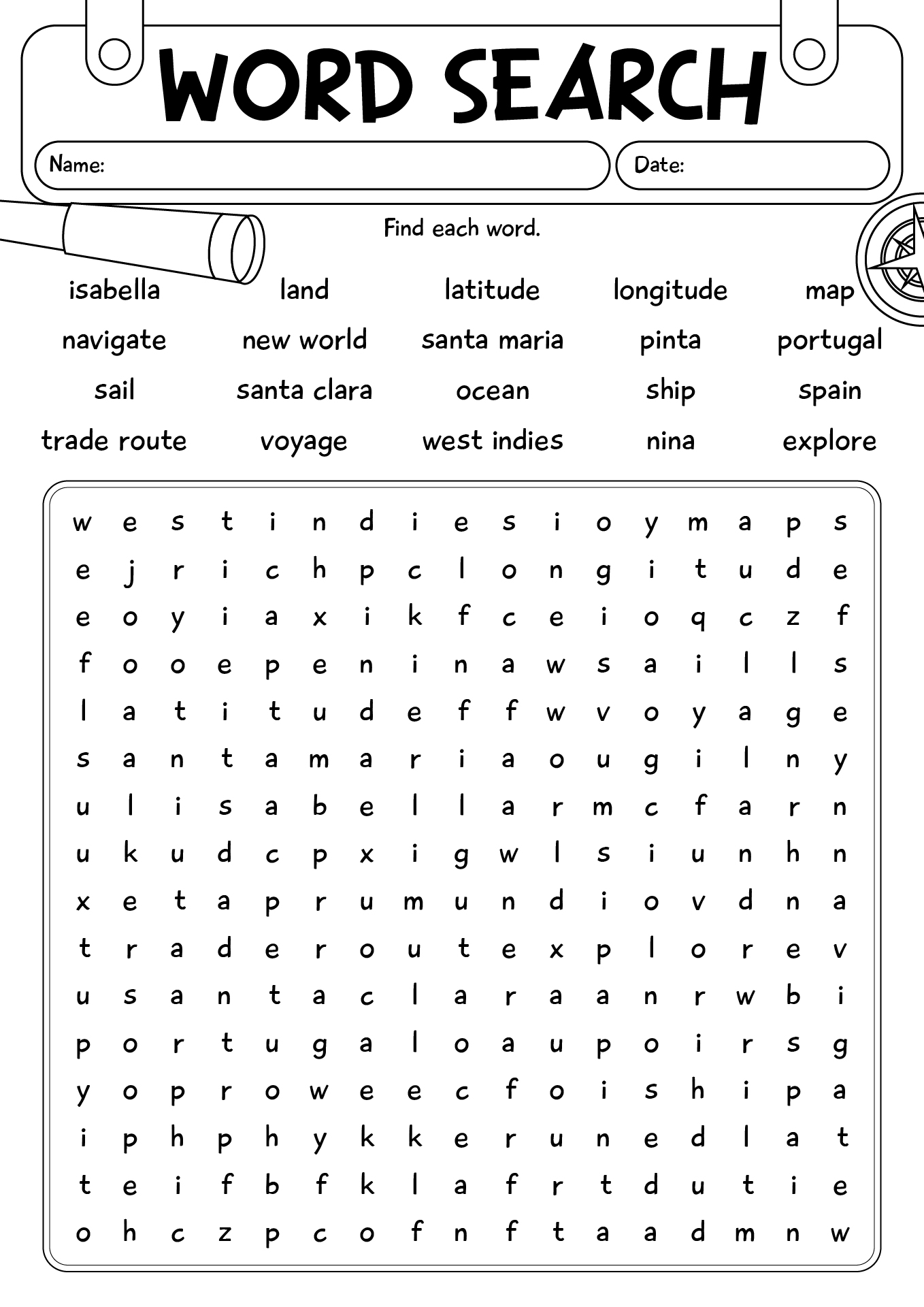 Christopher Columbus Word Search Worksheet