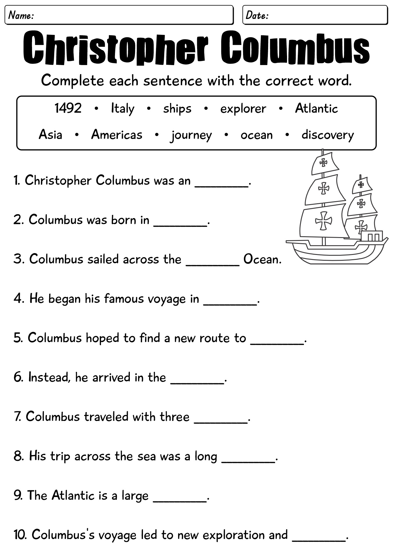 Christopher Columbus Worksheet
